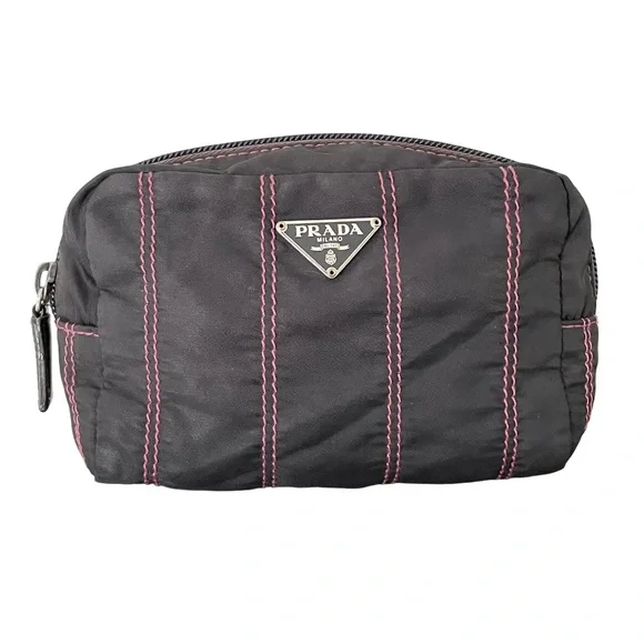 Prada black nylon pink stitching triangle logo medium zip pouch - Picture 1 of 7